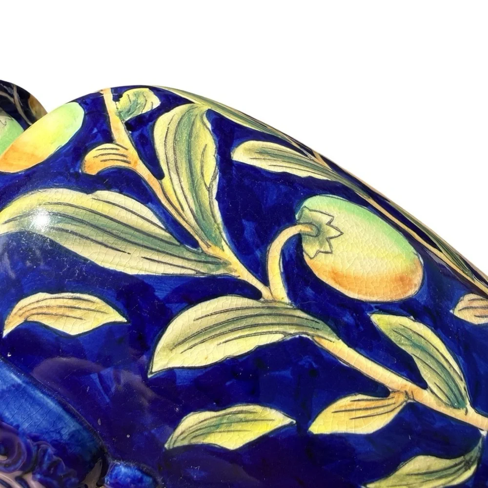 VTG Cantagalli Majolica Vase Cobalt Blue Hand-Painted Fruit Mask Handles 8.5in